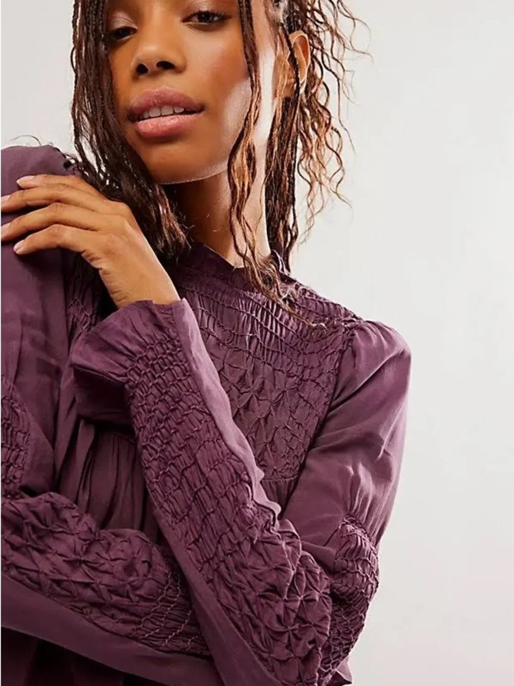 Free People Plum Lace-Yoke Long Sleeve Blouse